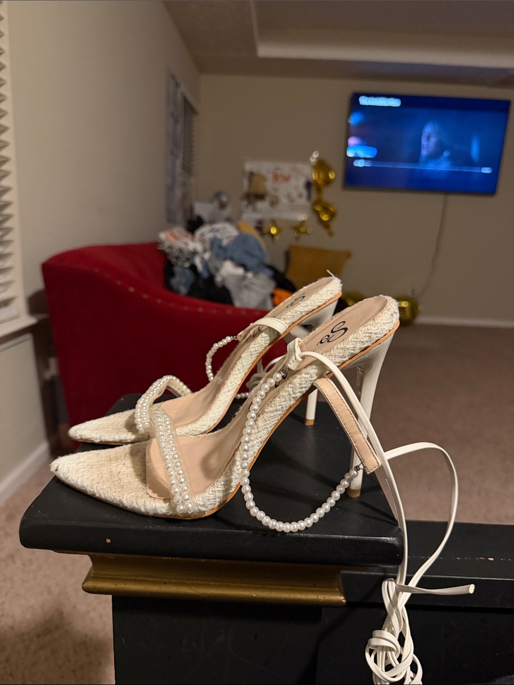 So Me Pearl-Embellished Ivory Strappy Stiletto Heels